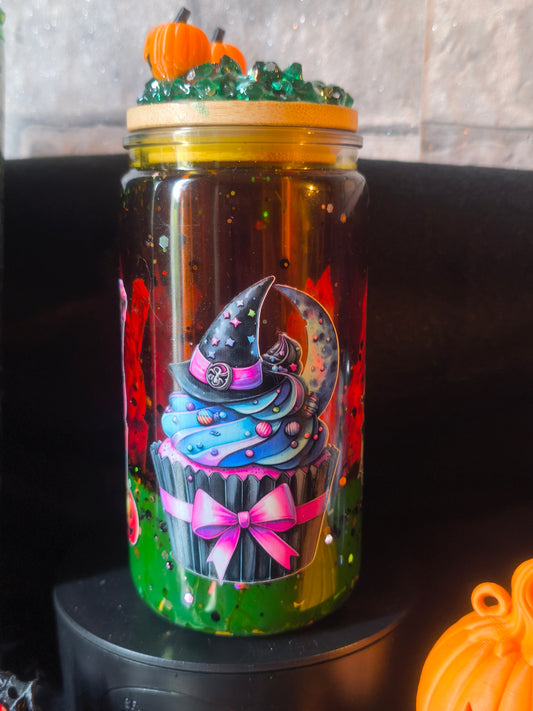 Grün/Orange Lava Becher mit Deko Deckel 3D Druck inkl Strohhalm - Kunststoff - Halloween