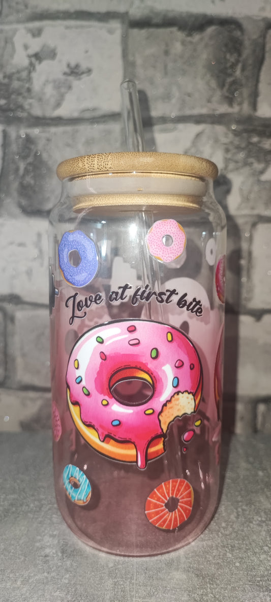 Glasbecher Becher mit Bambus Deckel +UV Dtf Aufkleber Donut inkl Glasstrohhalm - Glas