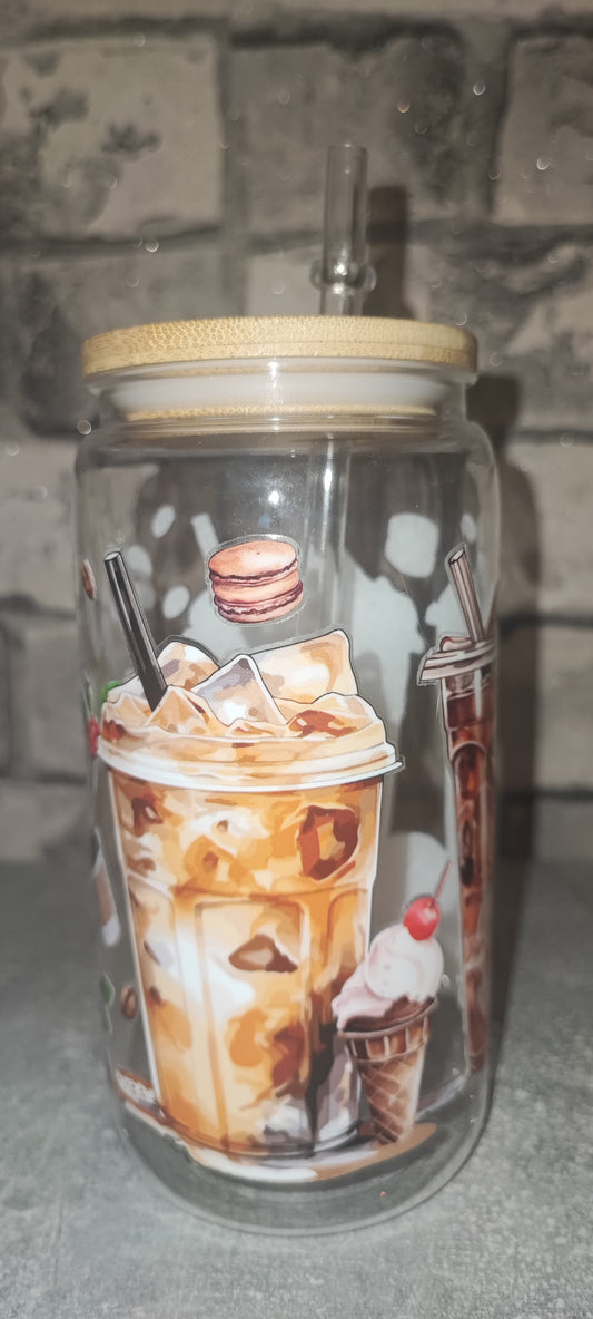 Becher mit Bambus Deckel +UV Dtf Aufkleber inkl Strohhalm - Kunststoff -Kaffee