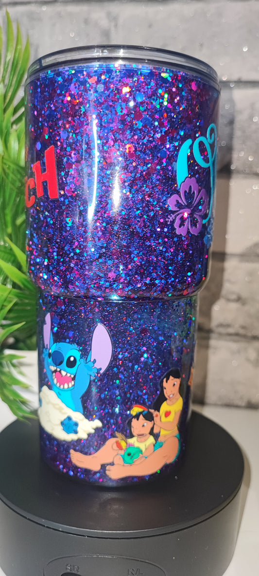 Stitch Glitzer Becher 18cm inkl Strohhalm und UV Dtf Aufkleber