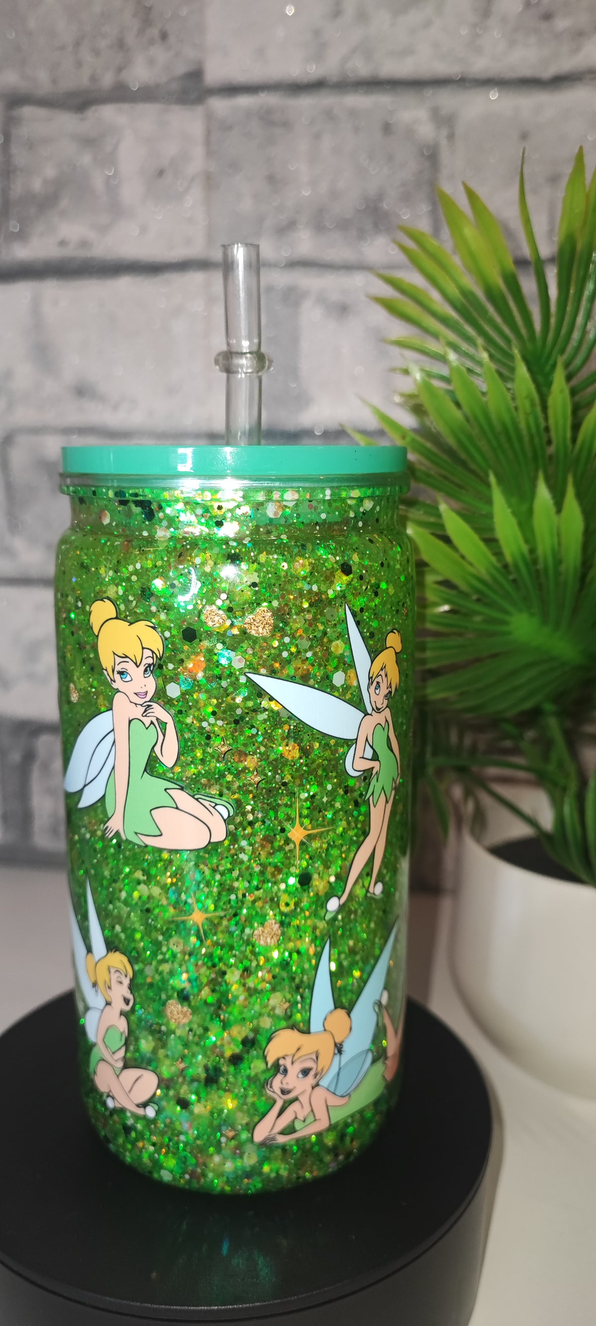 Glitzer Becher Fee mit UV Dtf Aufkleber inkl Strohhalm Kunststoff Deckel Mint