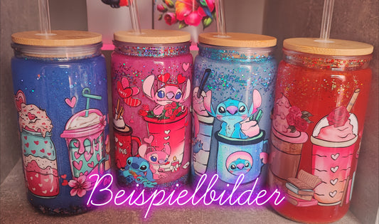 Glitzer Becher mit Strohhalm und UV Dtf Aufkleber - Kunststoff - Bambus Deckel
