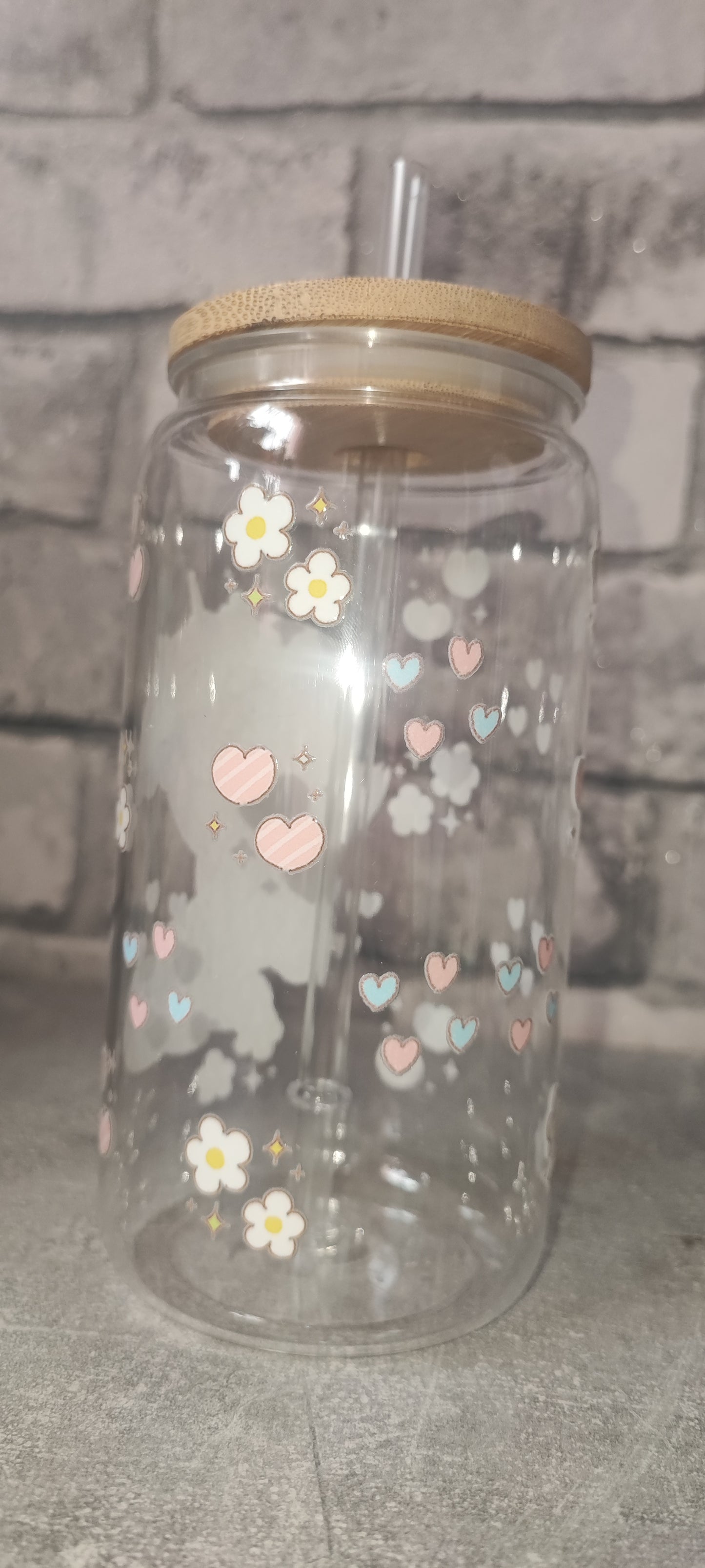 Becher mit Bambus Deckel +UV Dtf Aufkleber inkl Strohhalm - Kunststoff