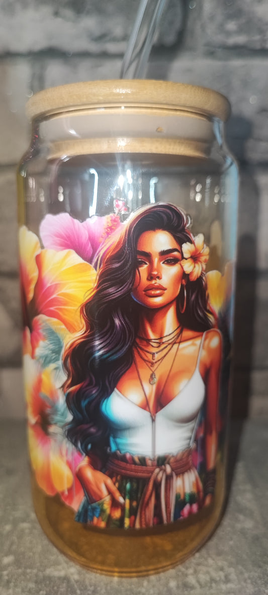 Gelber Glasbecher Becher mit Bambus Deckel +UV Dtf Aufkleber inkl Glasstrohhalm - Glas - Frau