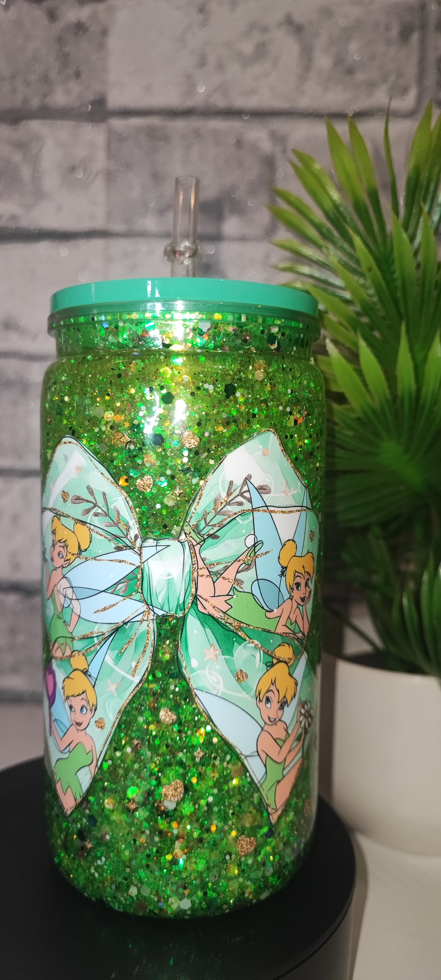 Glitzer Becher Fee mit UV Dtf Aufkleber inkl Strohhalm Kunststoff Deckel Mint