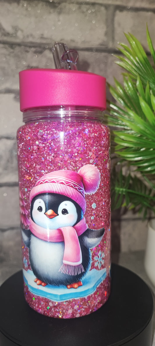Glitzer Kinderflasche mit UV Dtf Aufkleber - Kunststoff Pinguin