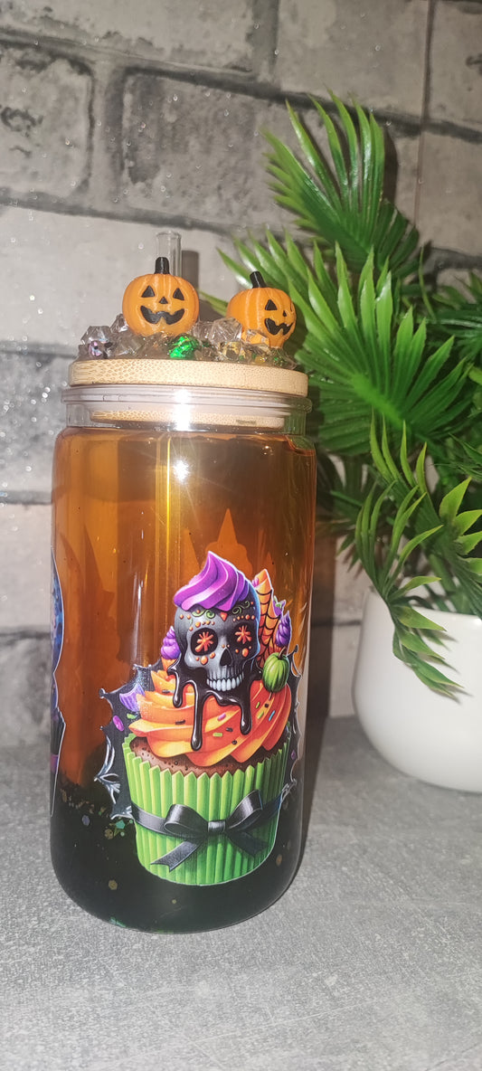 Grün/Orange Lava Becher mit Deko Deckel 3D Druck inkl Strohhalm - Kunststoff - Halloween