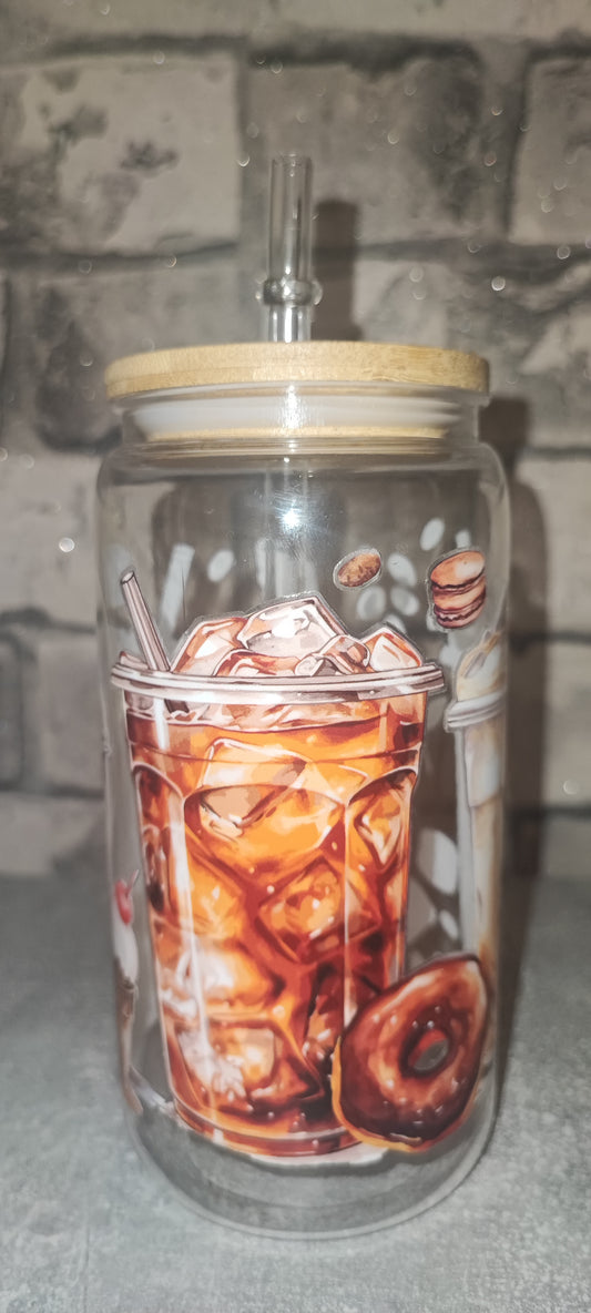 Becher mit Bambus Deckel +UV Dtf Aufkleber inkl Strohhalm - Kunststoff -Kaffee
