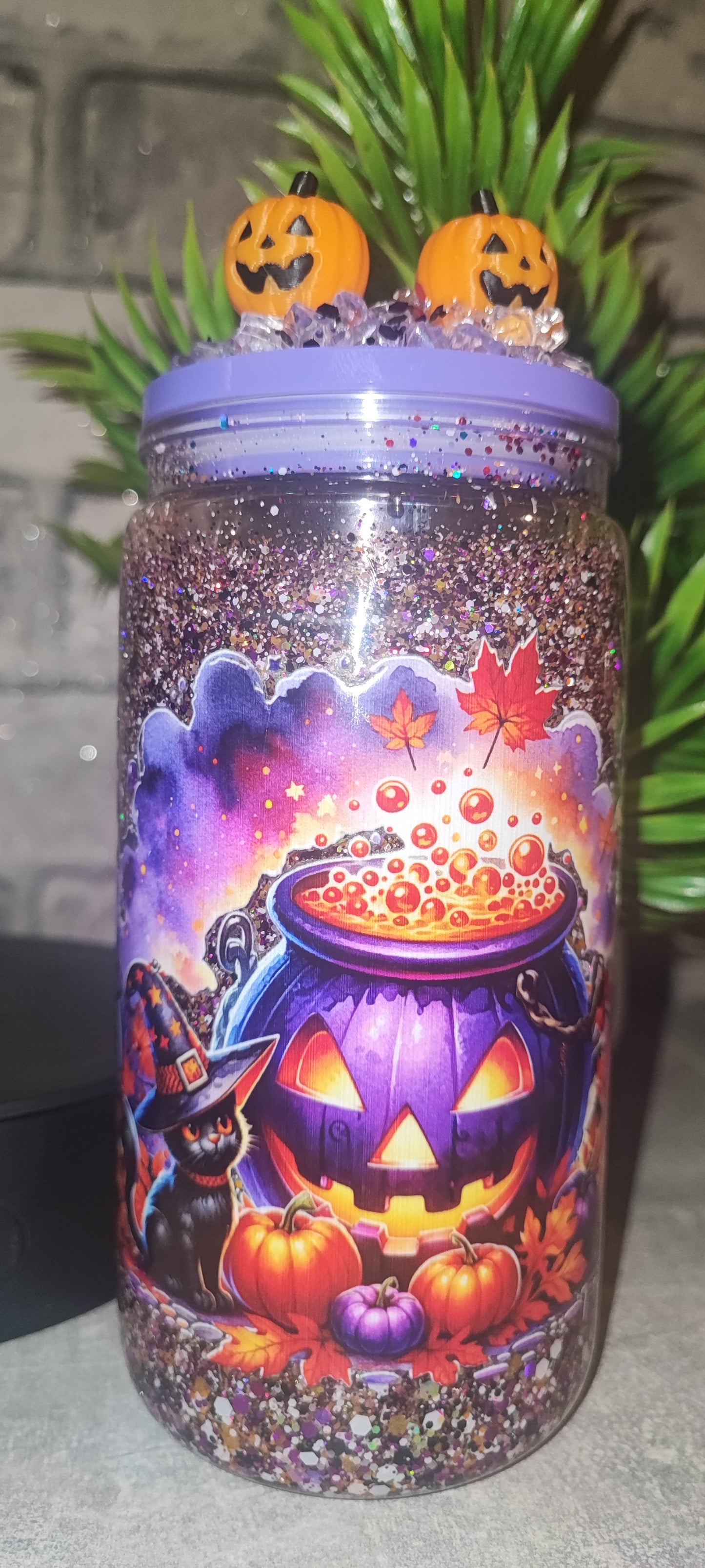 Glitzer Becher Halloween mit 3D Druck Kürbis, Eiswürfeln mit UV Dtf Aufkleber inkl Strohhalm