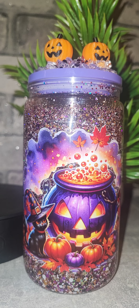 Glitzer Becher Halloween mit 3D Druck Kürbis, Eiswürfeln mit UV Dtf Aufkleber inkl Strohhalm