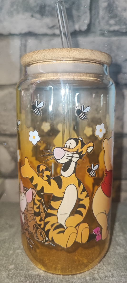 Gelber Glasbecher Becher mit Bambus Deckel +UV Dtf Aufkleber inkl Glasstrohhalm - Glas - Bär