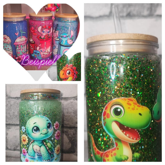 Glitzer Becher mit Strohhalm und UV Dtf Aufkleber - Kunststoff - Bambus Deckel