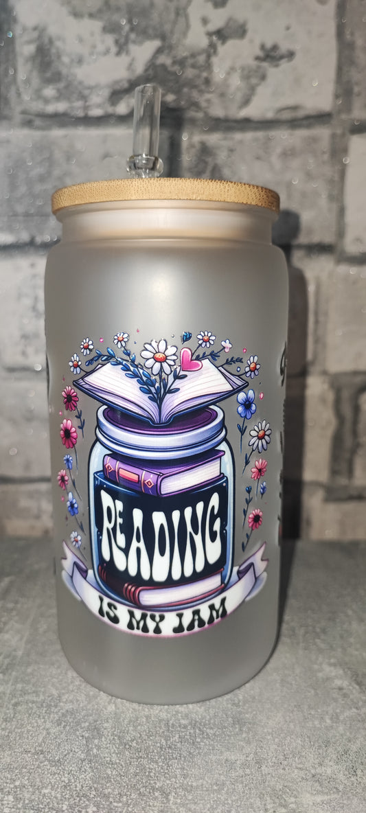 Matter Becher mit Bambus Deckel +Buch UV Dtf Aufkleber inkl Strohhalm - Kunststoff - Bücher