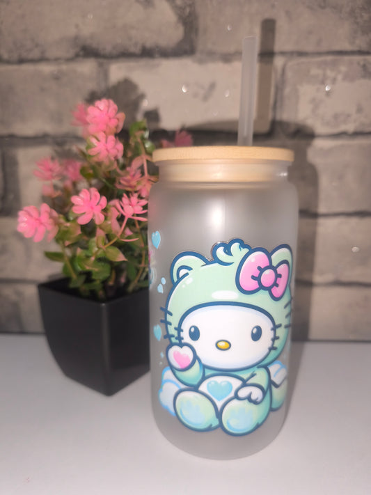 Matter Becher mit UV Dtf Aufkleber inkl Strohhalm Kunststoff - Kätzchen