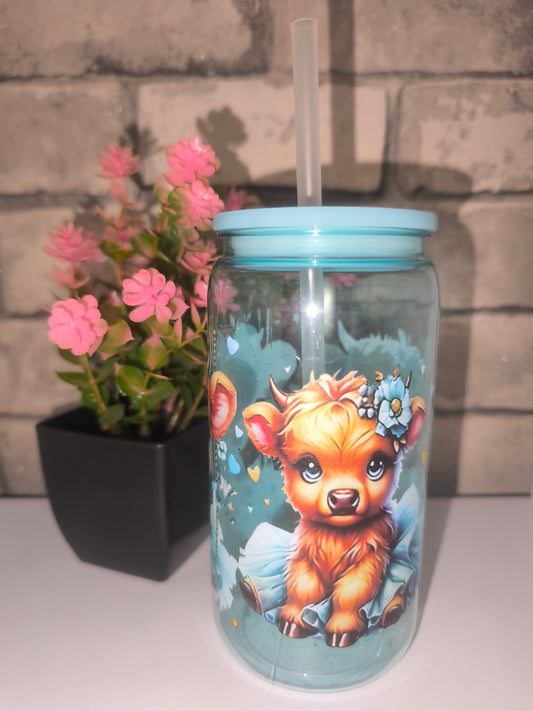 Süßer Kunststoff Becher mit UV Dtf Aufkleber inkl Strohhalm Kunststoff - Highland Kuh