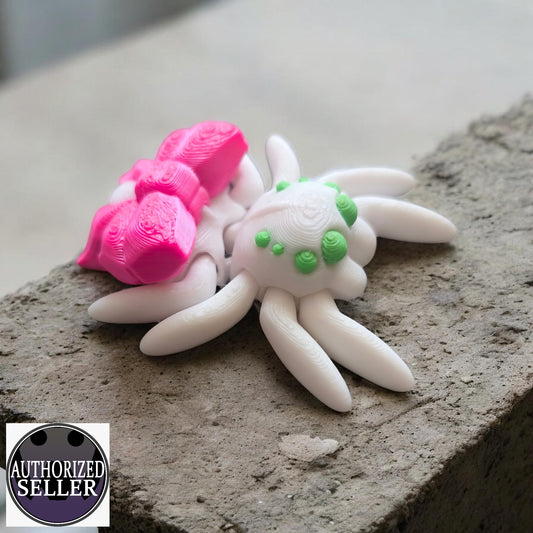 Art 0390 Flexi Spinne mit Spinne| 3D-gedruckt| ca 6,5*5,5cm breit | PLA weiß Deko & Geschenk für Fantasy-Fans