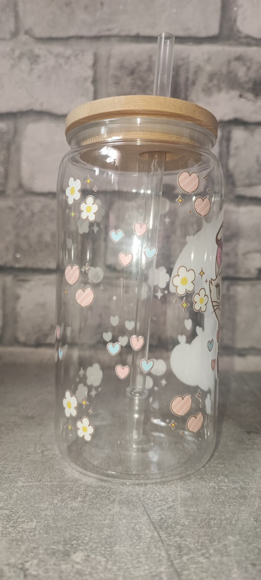Becher mit Bambus Deckel +UV Dtf Aufkleber inkl Strohhalm - Kunststoff