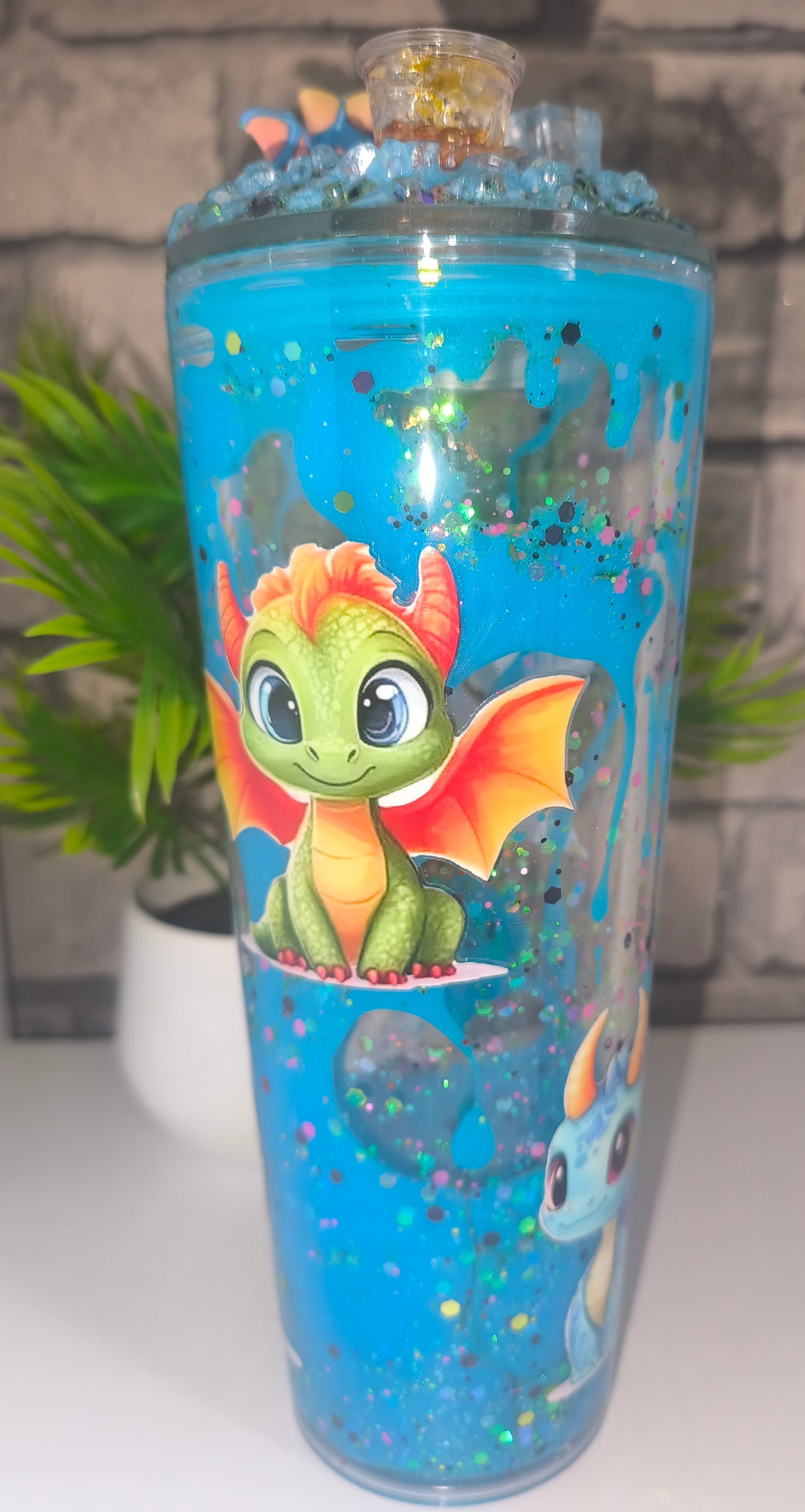 Großer Lava Becher mit UV Dtf Aufkleber inkl Strohhalm Kunststoff 3D Druck Deckel Dino