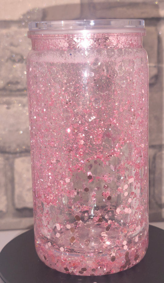 Glitzer Becher mit Eiswürfeln - Wasserperlen mit UV Dtf Aufkleber inkl Strohhalm Kunststoff