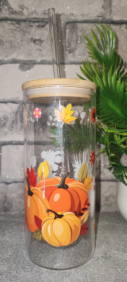 Großer Glasbecher Becher mit Bambus Deckel mit UV Dtf Aufkleber inkl Glasstrohhalm - Glas - Herbst