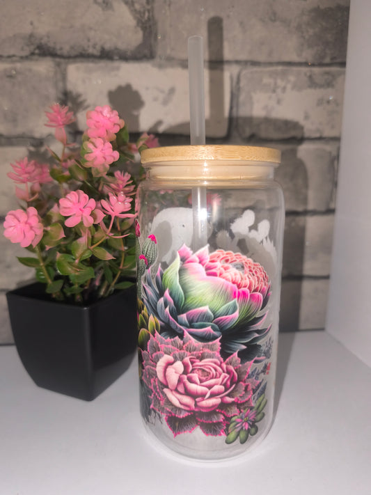 Kunststoff Becher mit UV Dtf Aufkleber inkl Strohhalm Kunststoff - Pflanzen