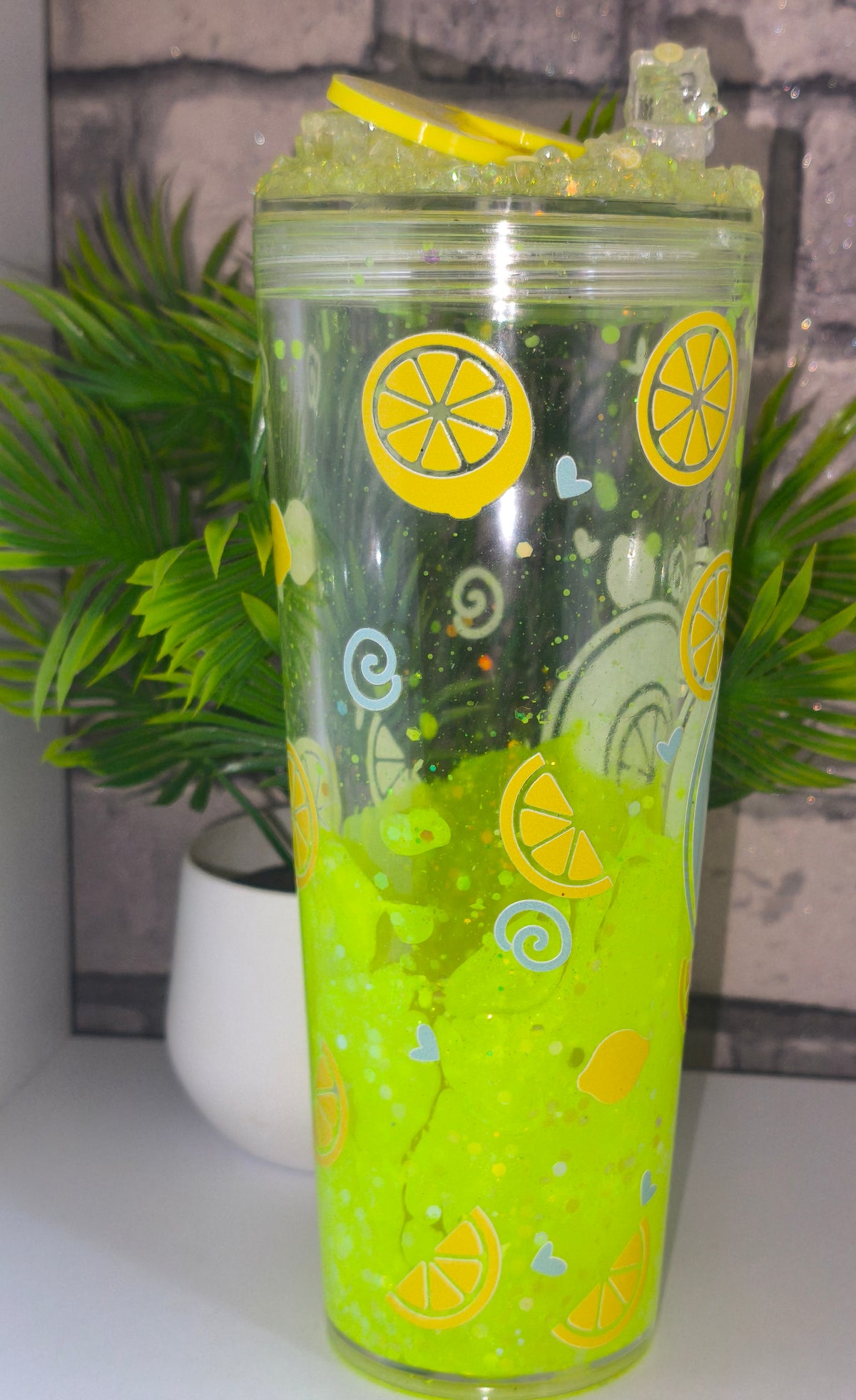 Großer neongelber Zitronen Lava Becher mit UV Dtf Aufkleber inkl Strohhalm Kunststoff 3D Druck Deckel