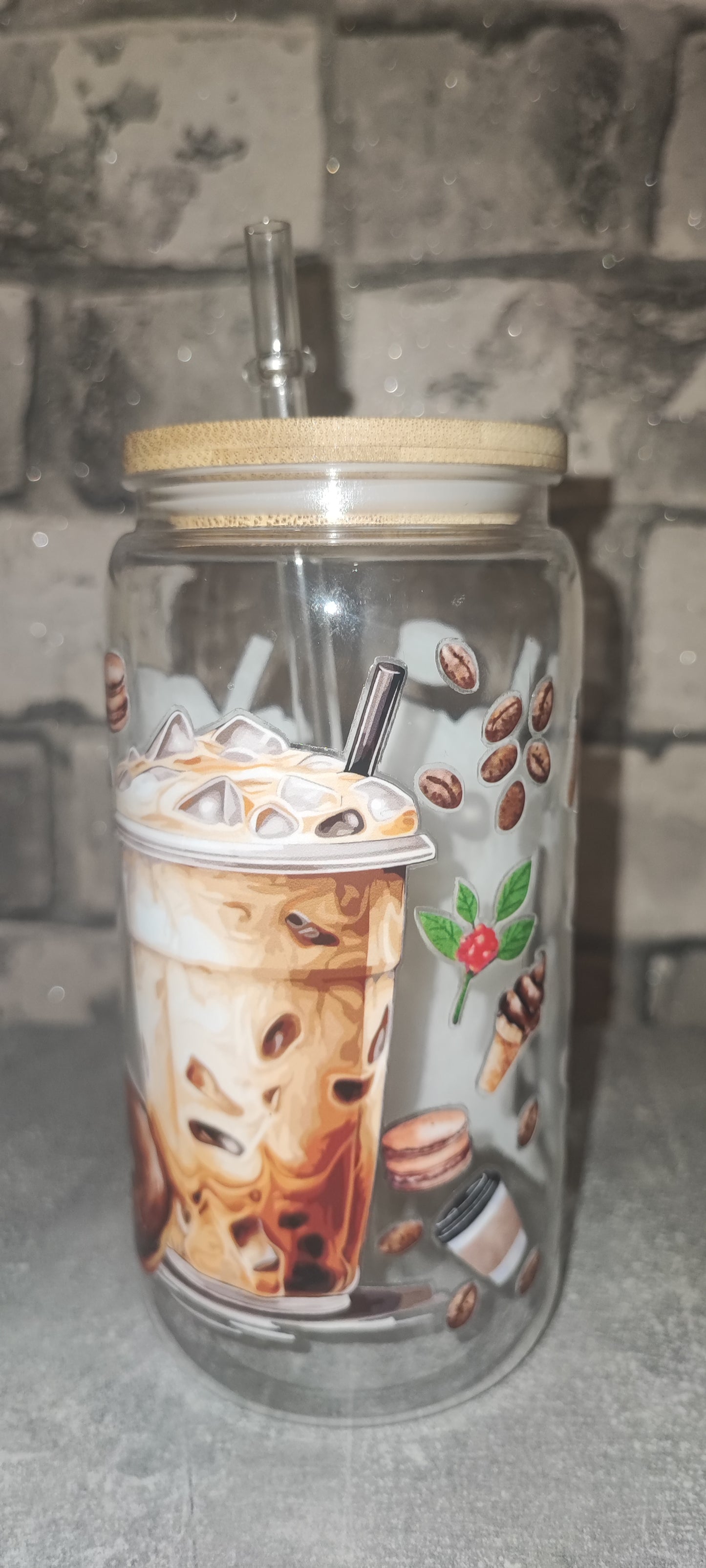 Becher mit Bambus Deckel +UV Dtf Aufkleber inkl Strohhalm - Kunststoff -Kaffee