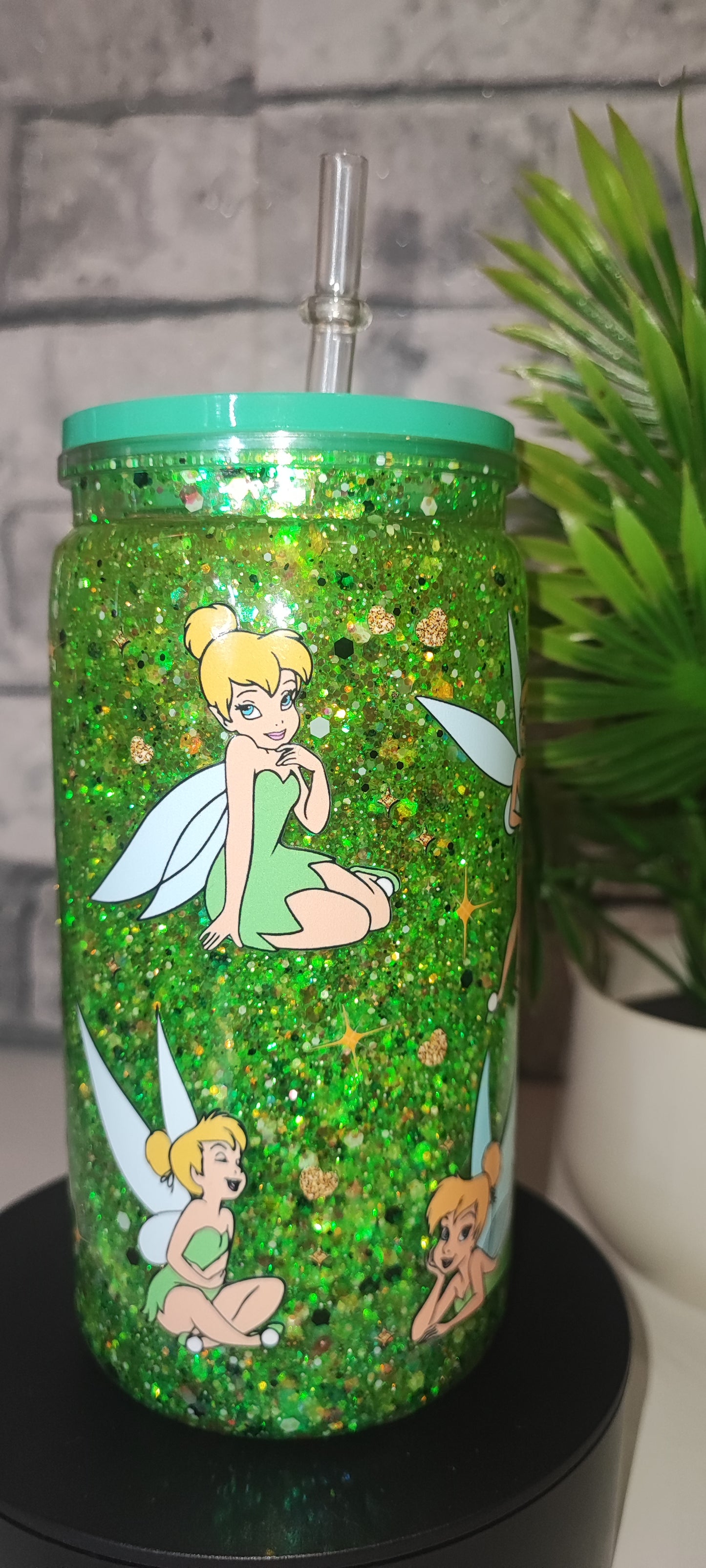 Glitzer Becher Fee mit UV Dtf Aufkleber inkl Strohhalm Kunststoff Deckel Mint