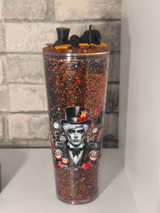 Großer Becher mit UV Dtf Aufkleber inkl Strohhalm Kunststoff - Deko Deckel Herbst Halloween