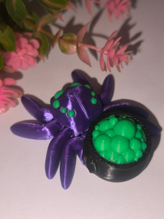 Art 0377 Flexi Hexenkessel Spinne| 3D-gedruckt| ca 7,5*5cm breit | PLA schwarz lila grün Deko & Geschenk für Fantasy-Fans