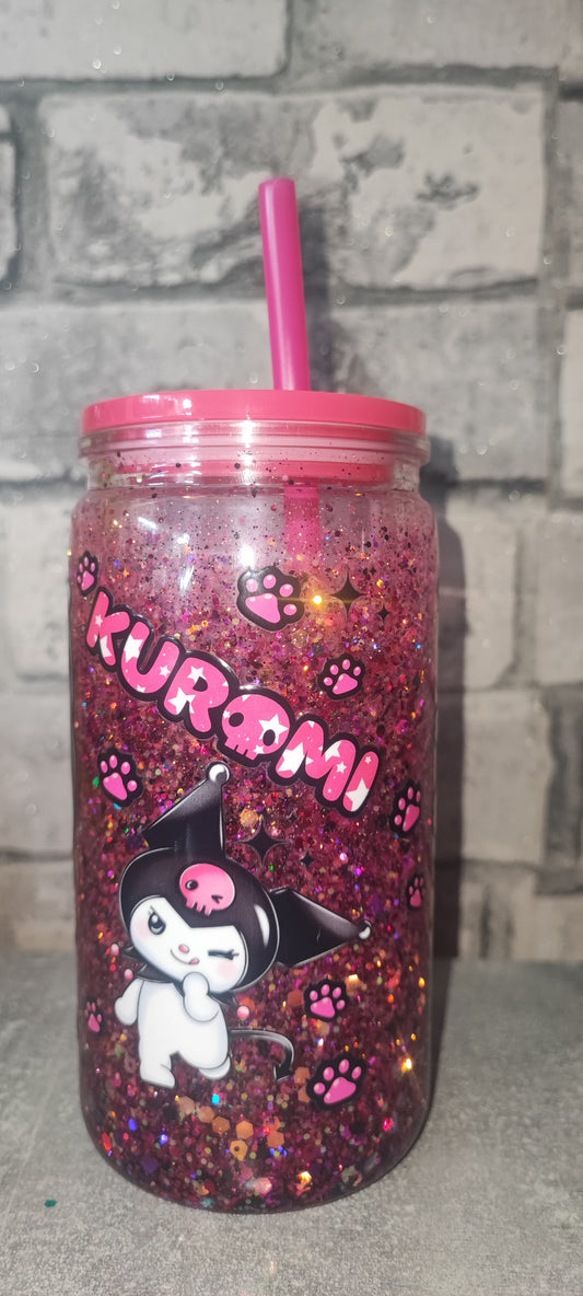 Glitzer Becher mit pinken Deckel inkl Strohhalm - Kunststoff - Katze