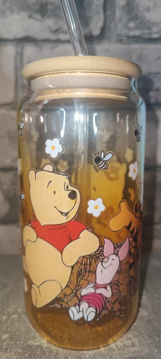 Gelber Glasbecher Becher mit Bambus Deckel +UV Dtf Aufkleber inkl Glasstrohhalm - Glas - Bär