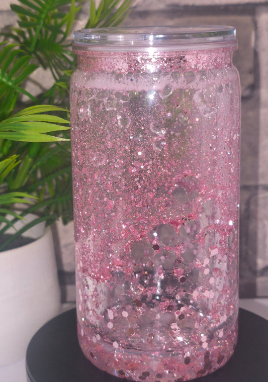 Glitzer Becher mit Eiswürfeln - Wasserperlen mit UV Dtf Aufkleber inkl Strohhalm Kunststoff