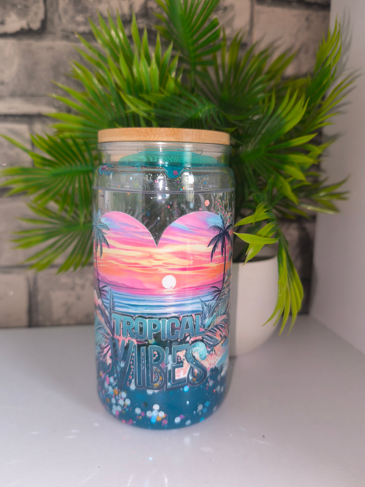 Lava Glitzer Becher mit UV Dtf Aufkleber inkl Strohhalm Kunststoff - Strand