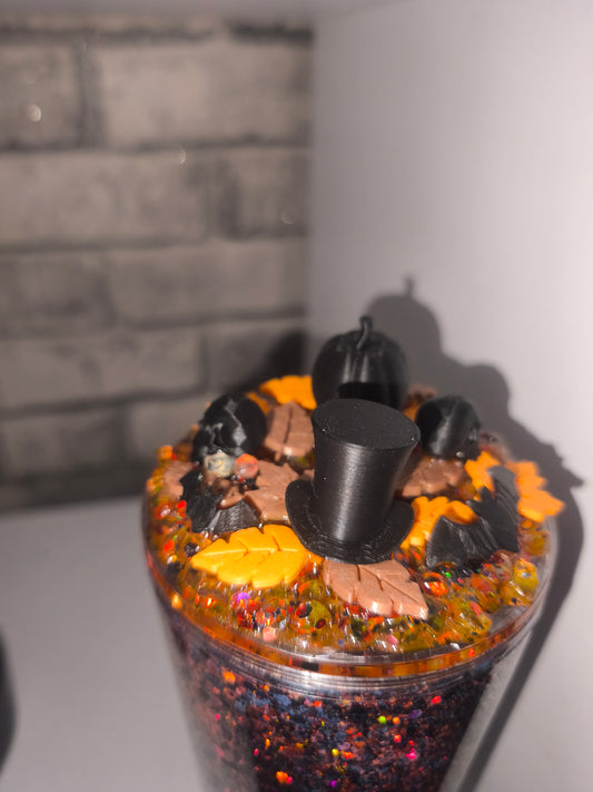 Großer Becher mit UV Dtf Aufkleber inkl Strohhalm Kunststoff - Deko Deckel Herbst Halloween