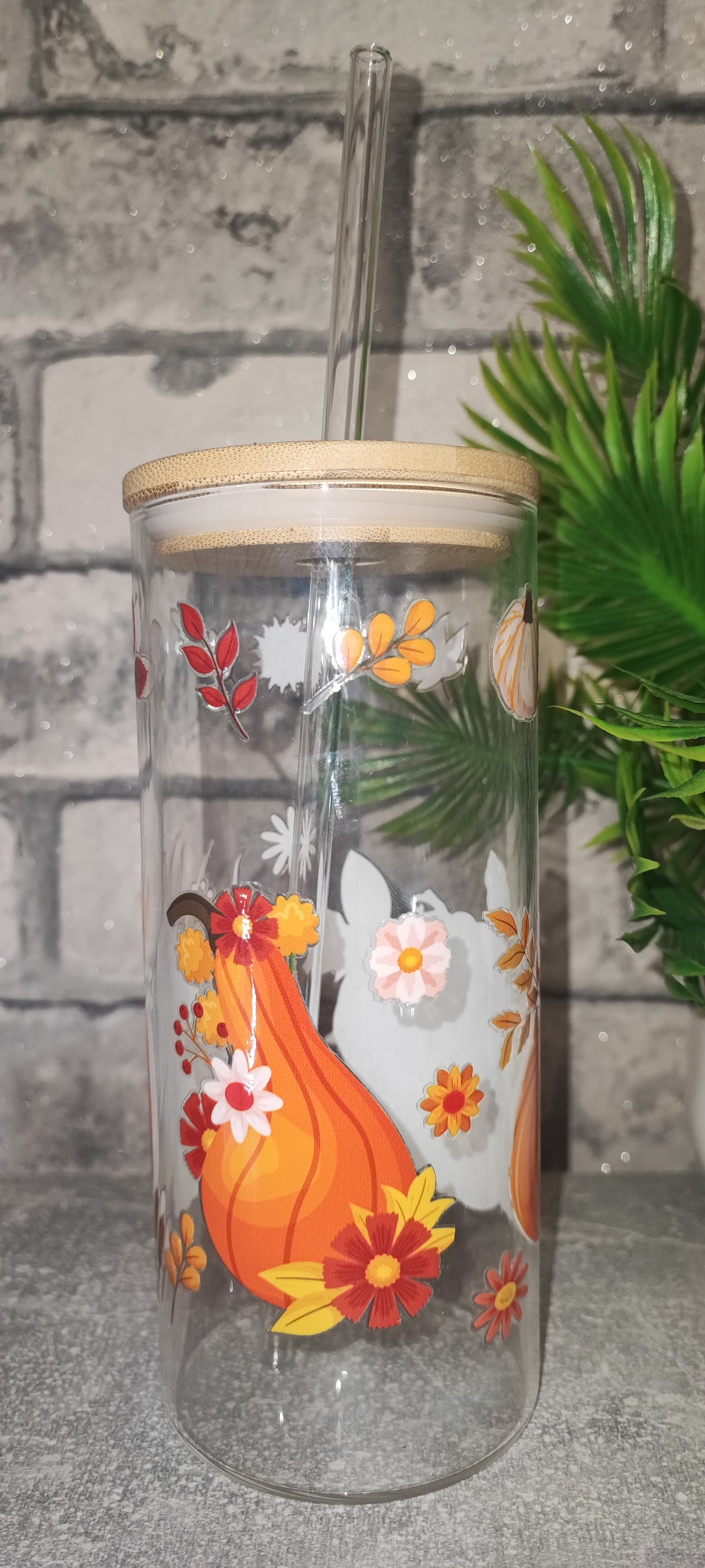 Großer Glasbecher Becher mit Bambus Deckel mit UV Dtf Aufkleber inkl Glasstrohhalm - Glas - Herbst
