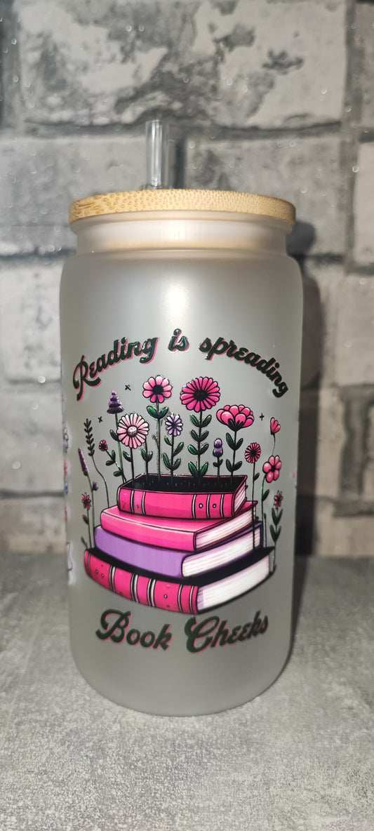 Matter Becher mit Bambus Deckel +Buch UV Dtf Aufkleber inkl Strohhalm - Kunststoff - Bücher