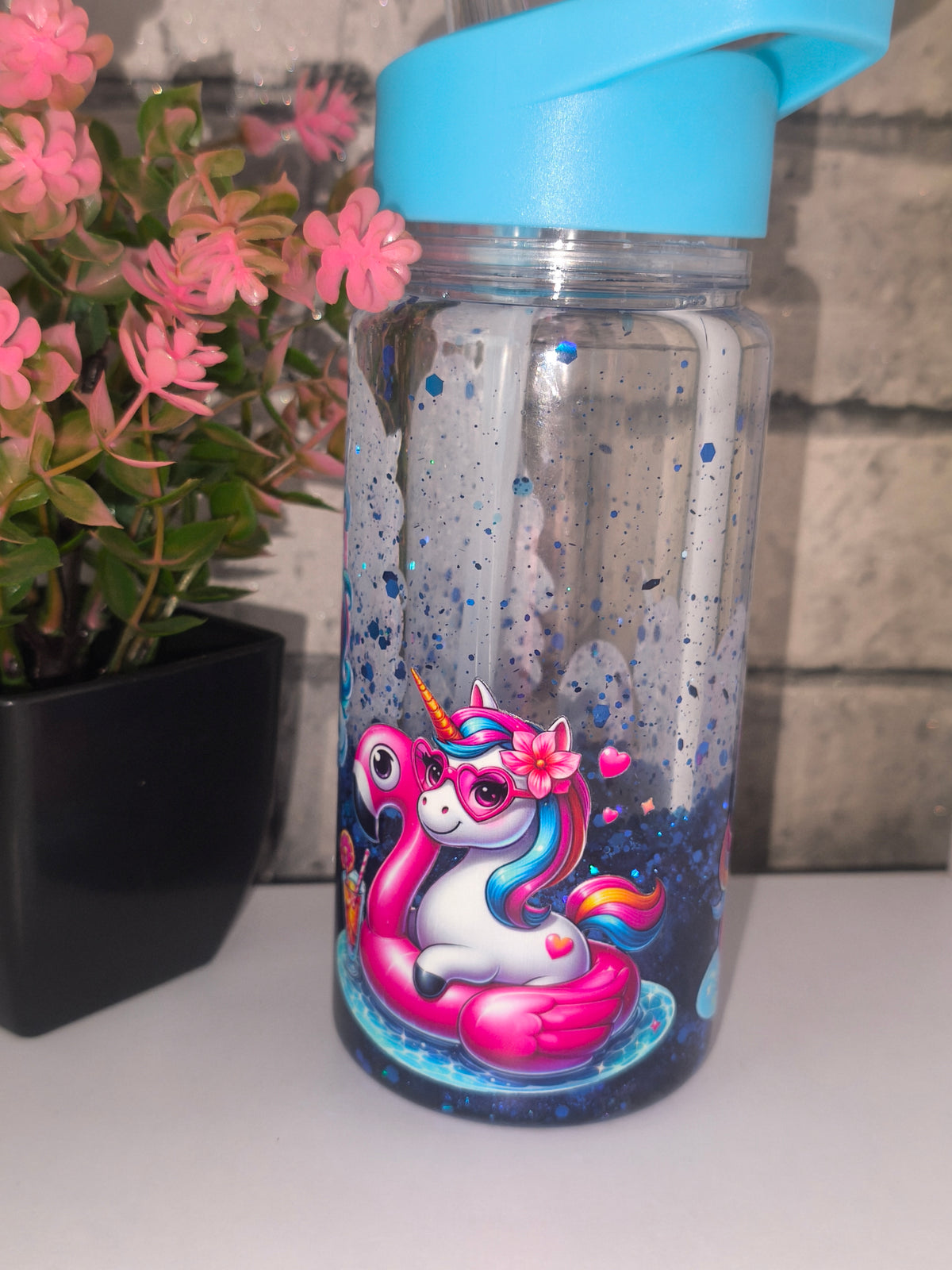 Kleine Lava Flasche mit UV Dtf Aufkleber - Einhörner blau